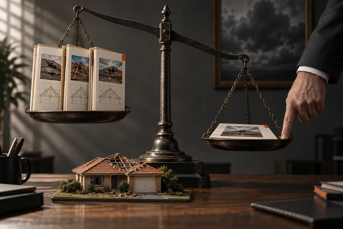 Editorial illustration: a set of scales with three roof reports on one side outweighed by a single page held down by a hand in a suit sleeve. Conceptual, not documentary.